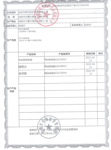 晖宏一类生产备案凭证